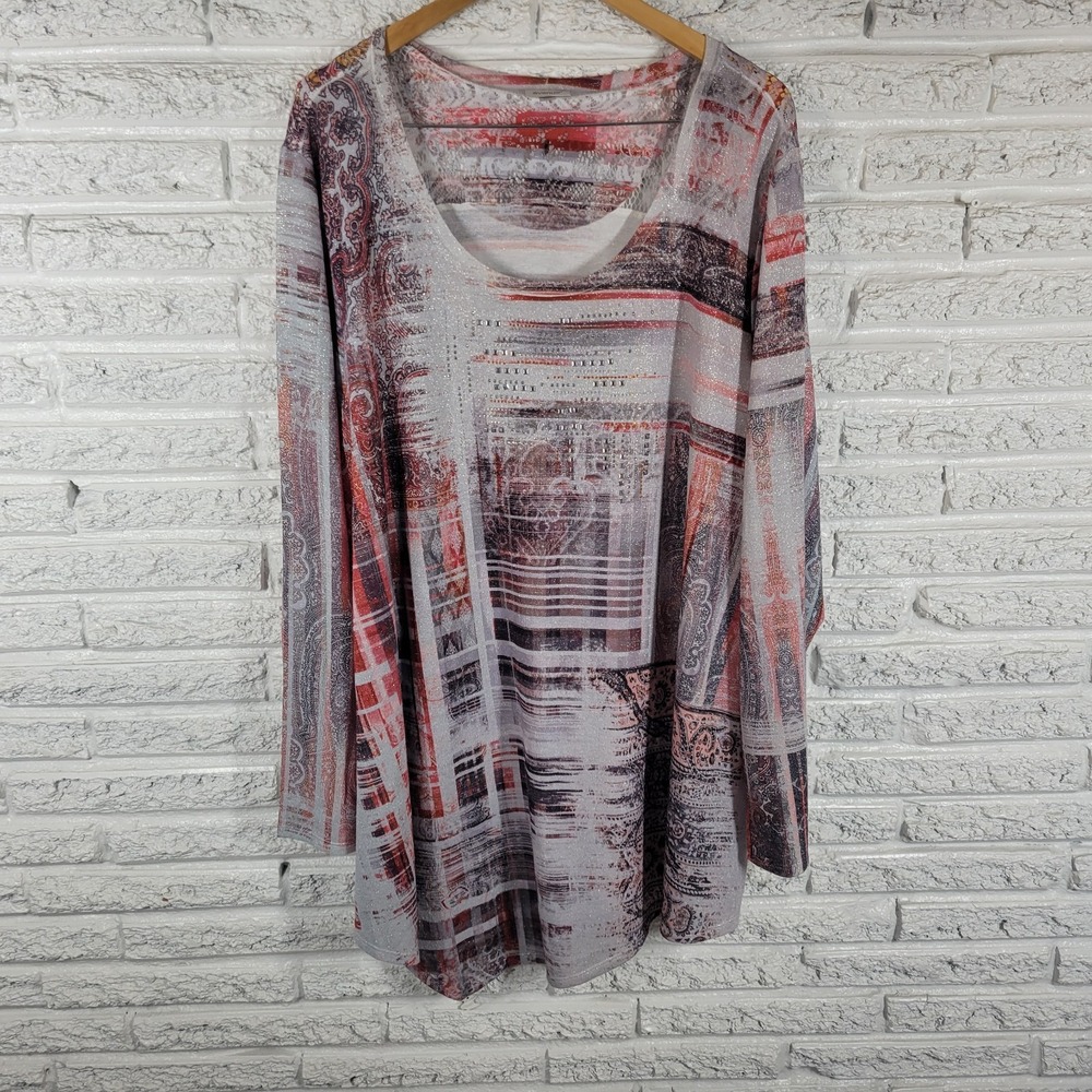 Avenue 30 32 Tunic Geometric Lace Trim Studded Metallic Long Sleeve Plus Top